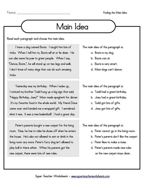 main idea worksheets 4th grade printable